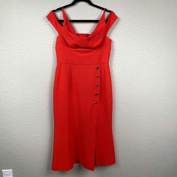 NWT Rebecca Vallance Beltran Midi Dress Button Slit Skirt Off The Shoulder Red 8 - Picture 4 of 14
